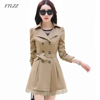 

FTLZZ Trench Coat Women Double-breasted Trench Coat Lace Plus Size Female Autumn Casual Coats Windbreaker Outwear