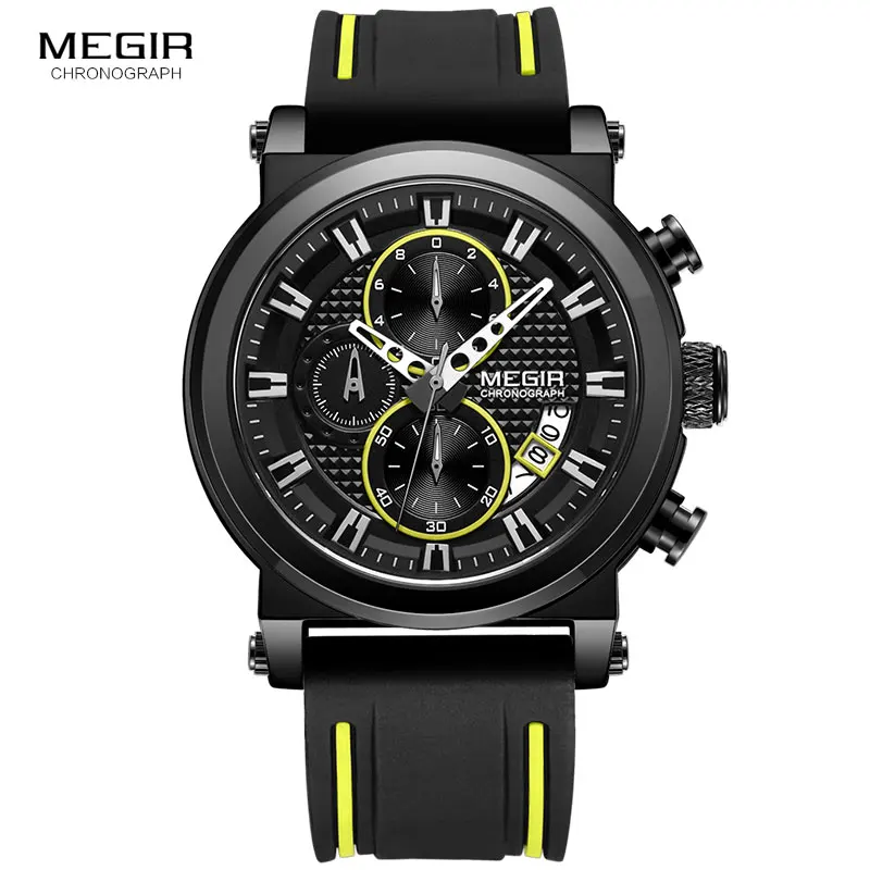 Megir Men's Sports Quartz Watches Silicone Strap Chronograph Army Wrist Watch Man Relogios Masculino Waterproof 3 Bar 2100 Black |