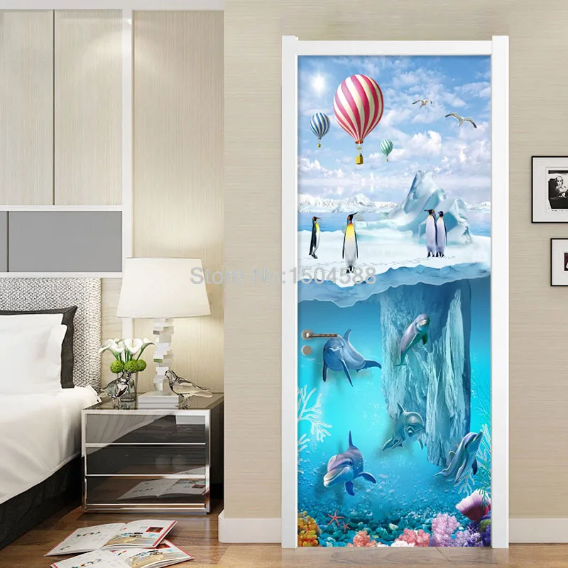 Door Sticker 3D Cartoon Iceberg Penguin Dolphins Wallpaper Kids Bedroom PVC Waterproof Door Decals Vinyl Mural Home Decor Paste