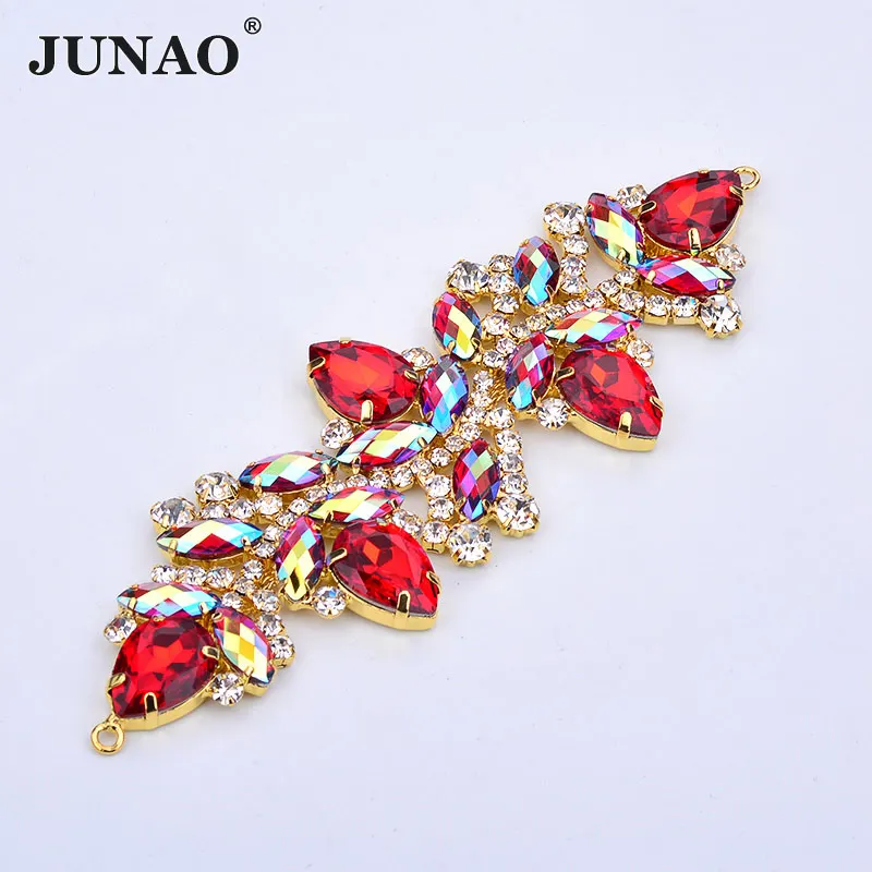 

JUNAO 45*140mm Sewing Red AB Flower Rhinestones Connector Strass Buckle Glass Crystal Strips Applique Gold Flatback Stones DIY