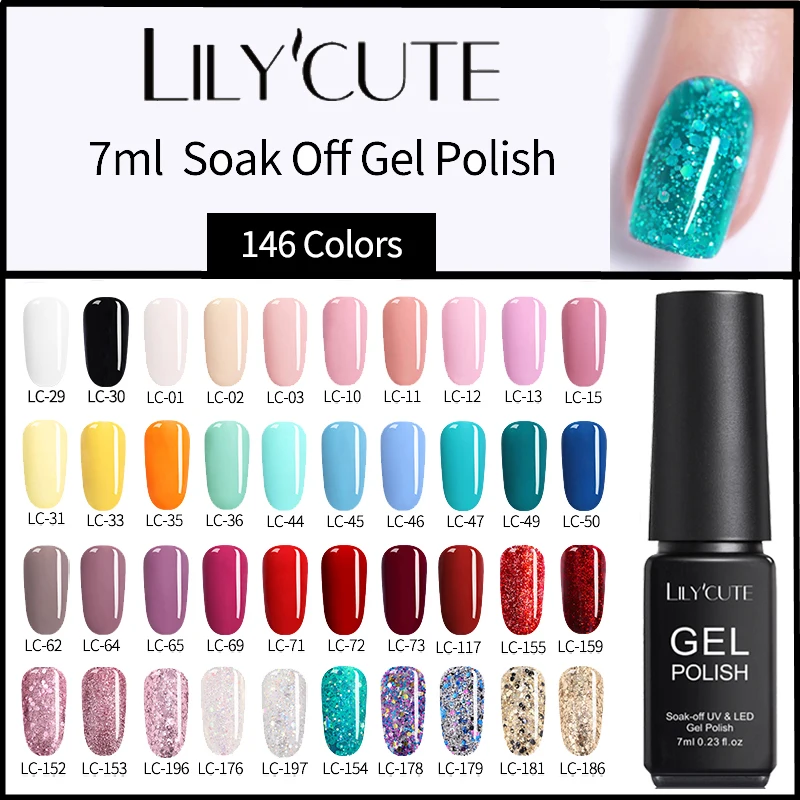 

LILYCUTE 7ml Gel Nail Polish Red Blue Glitter Pink UV Gel Soak off Semi Permanent LED Long Lasting Nail Gel Varnish 146 Color
