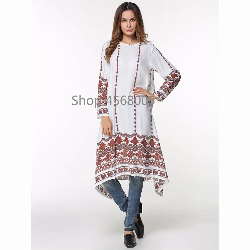 

Casual Maxi Dress Muslim Abaya Ethnic Print Loose Style Asymmetry Long Robe Gowns Turkey Middle East Moroccan Islamic Clothing