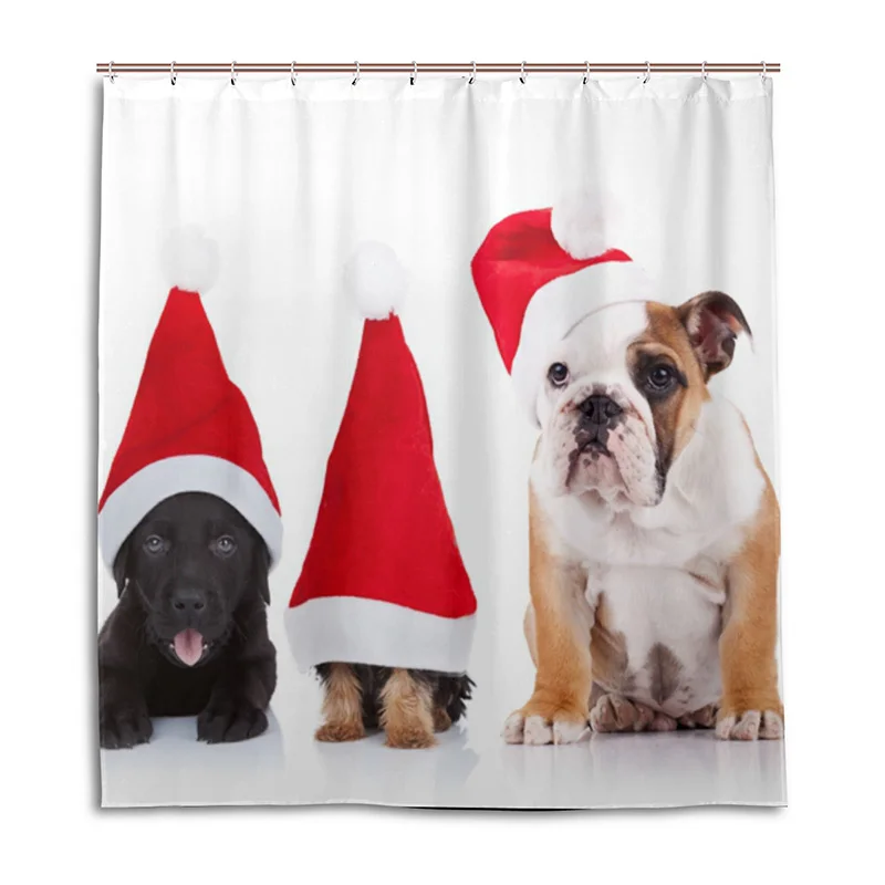 Cute Dog Wearing the Christmas Hat Bath Curtain 100 Polyester Fabric