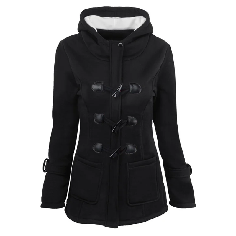 New Women Hooded Ox Horn Button Long Sleeve Coat Outwear Ladies Warm Jacket Tops