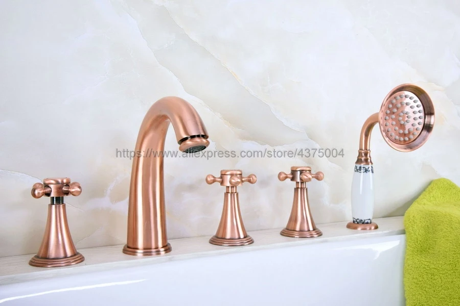 

Widespread Antique Red Copper Bathtub Mixer Filler Roman Bath tub Sink Faucet Deck Mounted 5 holes Ntf206