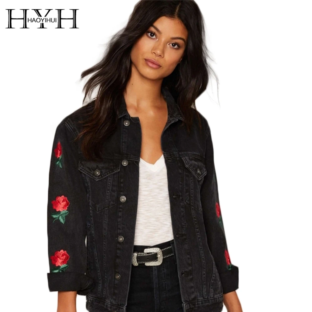 HYH HAOYIHUI Black Women Denim Jacket Casual Floral Embroidery