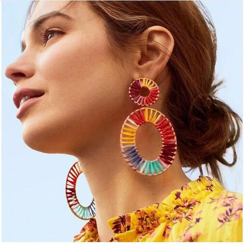 

Oversized Bohemian Woven Earrings For Women Big Oval Hollow Statement Earring Boho Geometric Jewelry brincos para as mulheres