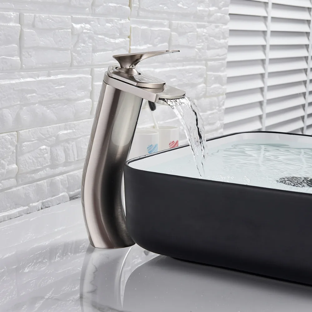 

Brushed Nickel Basin Sink Faucet Single Hole Countertop Sink Mixer Tap Deck Mounted Waterfall Vanity Sink Faucet
