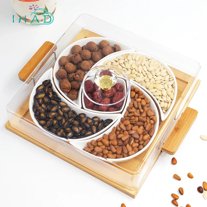 Ceramic snack plate platter wood plate friut tray dust-proof can put living room snack platter