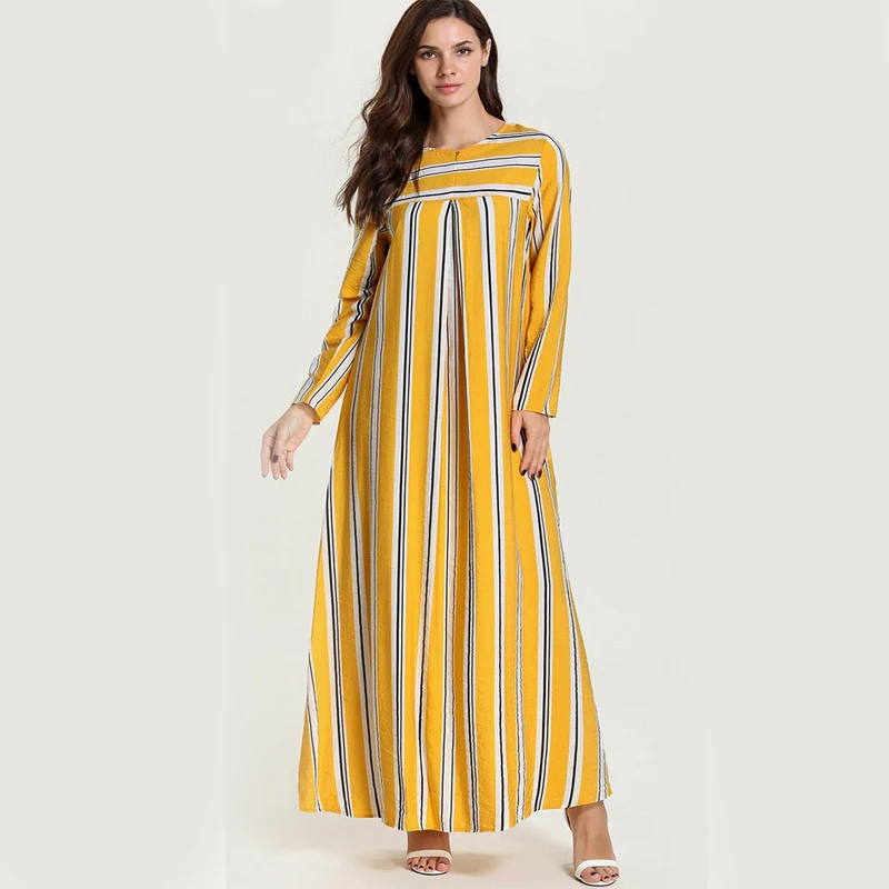 

Summer Fashion Kaftan Women Turkish Muslim Yellow dress Striped Party Robe Autumn Dress Large Size Abaya GownMalaysia Jilbab