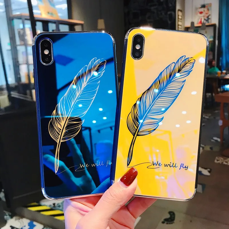 laser blue light cute simple feather tempered glass Yellow black phone Case For Apple iphone 6 6s 7 8 Plus X XS XR MAX case |