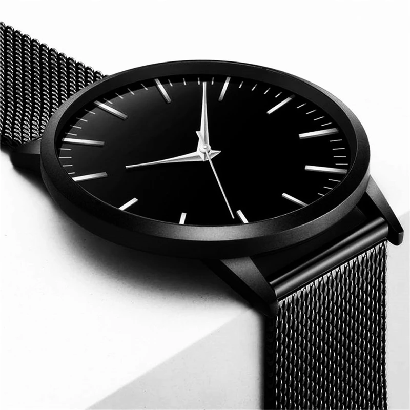 

Simple style Men's Watch Black Stainless steel Watchband Man Wrist Watches Ultra thin Male Clock 30m Waterproof Fashion Luxury