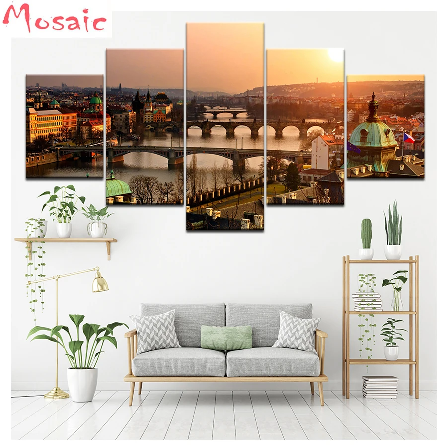 

5 Pcs round Diamond Embroidery Multi-picture Castle sunset,city bridge Diamond Painting Full Square Rhinestone Diamond Mosaic