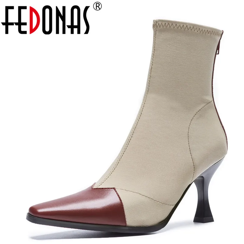 

FEDONAS Women Sock Ankle Boots Pointed Toe Elastic High Heel Autumn Boots Stiletto Shoes Woman Pactchwork Genuine Leather Boots