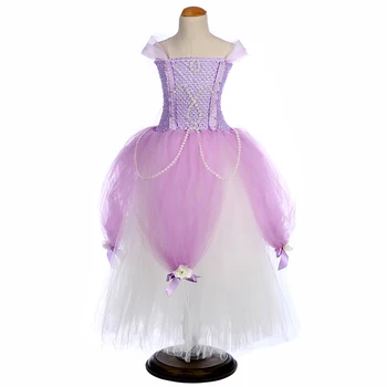 

Princess Sofia Tutu Dress for Kids Girl Birthday Party Floor Length Dresses with Flowers Knot Children Pearls Christmas Costumes
