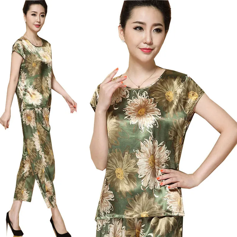 

Women's Pajamas Set Summer Spring Plus Size Middle Old Aged Mother Short-Sleeved Printed Top + Nine Pants Two-piece Sets W848
