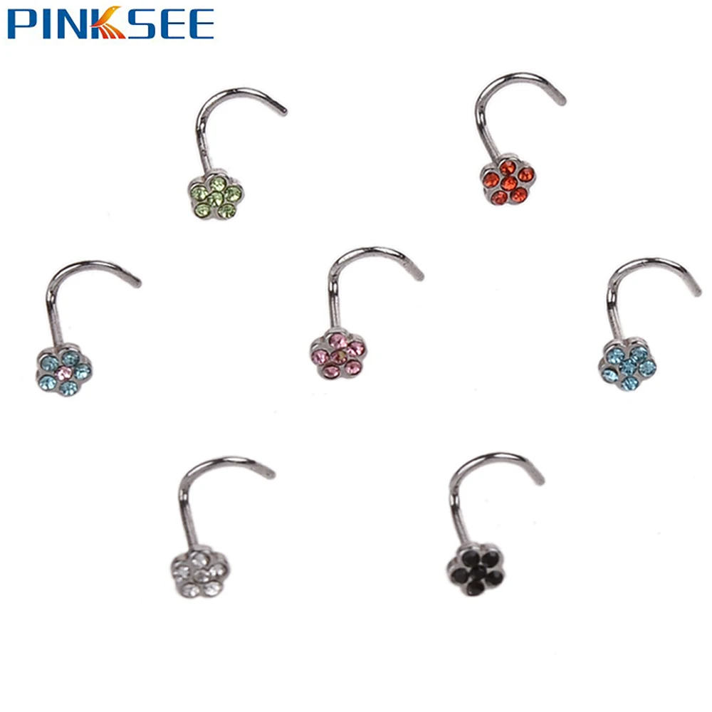 6pcs Wholesale Crystal Rhinestone Nose Studs Hooks Bar Pin Nostril Nose