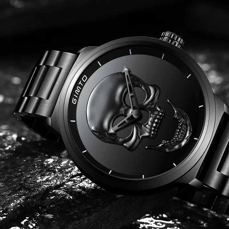2018 Cool Punk 3D Skull Men Watch Brand GIMTO Luxury Steel Gold Black Vintage Quartz Male Watches sport clock Relogio Masculino