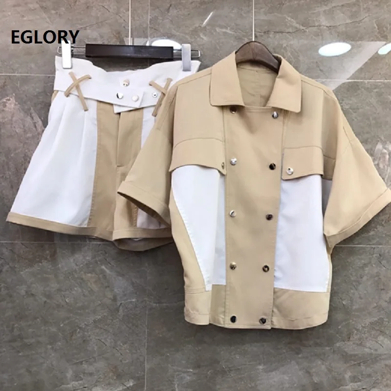 

High Quality Designer Clothing Sets 2019 Autumn Jacket Suits Women Double Breasted Coat Jacket+Color Block Patchwork Shorts Sets