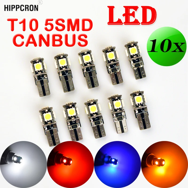 Hipppcron 10 x T10 CANBUS 5SMD 5050 SMD безотказная автомобильная лампа W5W 194 светодиодный авто задний светильник белый синий желтый красный цвет CAN BUS