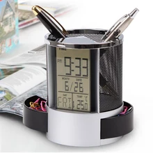 Сетчатая ручка карандаш держатель с цифровым ЖК-дисплей офисный стол будильник Время Дата темп