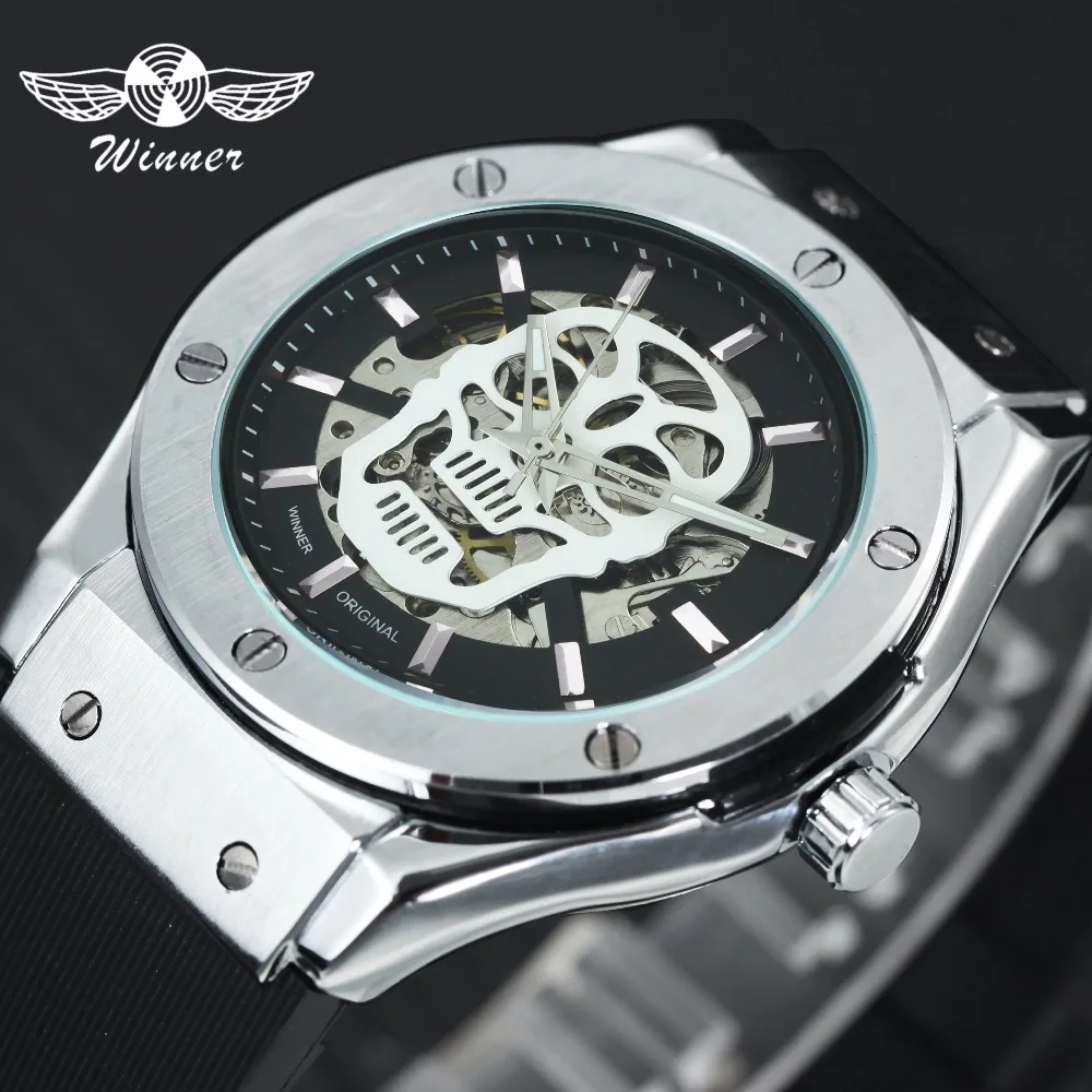 

WINNER Military Sports Automatic Mechanical Watch Men Luminous Skull Skeleton Dial Rubber Strap Mens Watches Top Brand Luxury