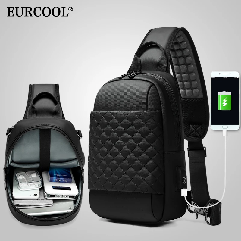 Сумка мессенджер EURCOOL n1903 Мужская черная водонепроницаемый саквояж на плечо с USB
