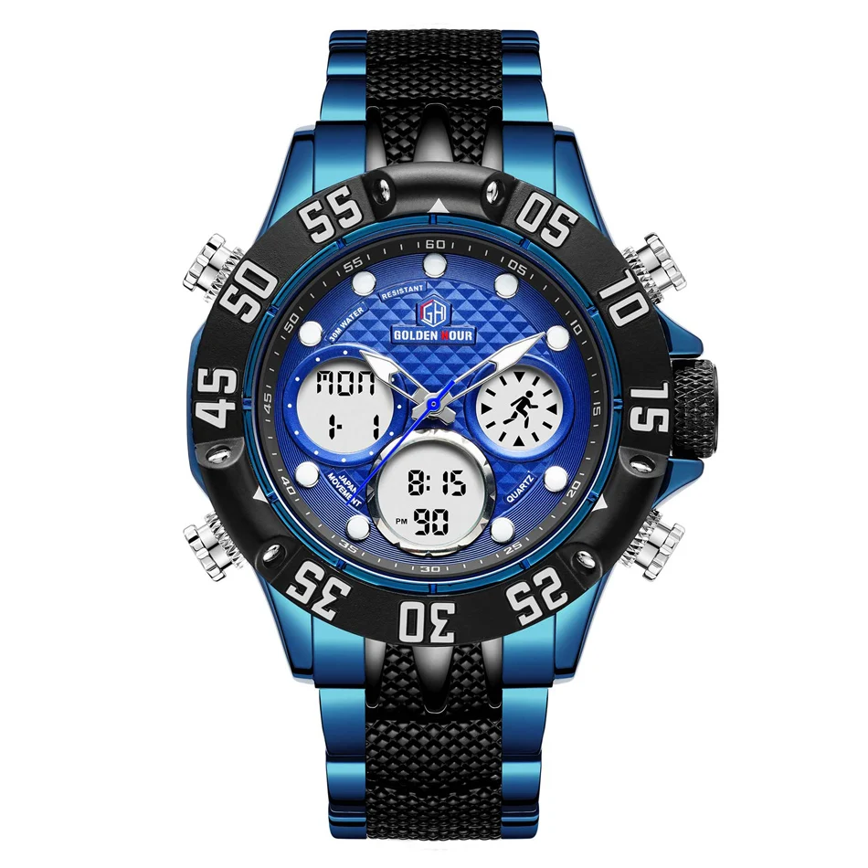 GOLDENHOUR Männer Militär Sport Uhr Männer LED Analog Digital Uhr Armee Edelstahl Quarz geschenk_voghion.com