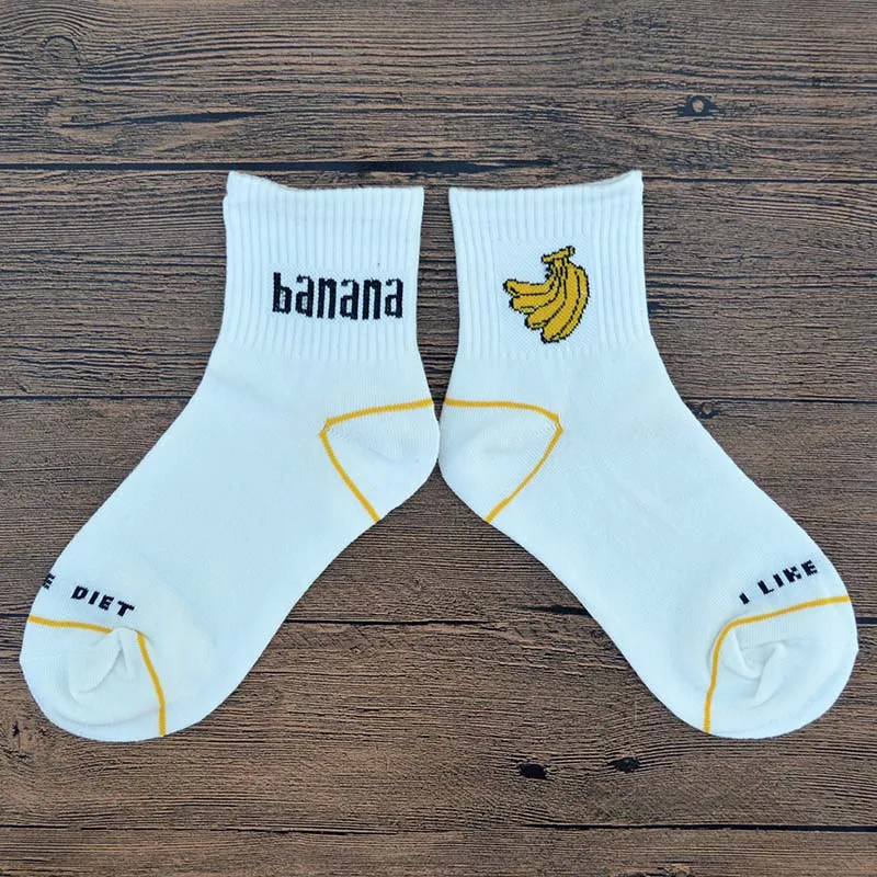 1 пара, белые женские носки в стиле Харадзюку, Kawaii, милые хлопковые носки-карандаш с рисунками героев мультфильмов, ракета, банан, динозавр, молоко, модные забавные носки с буквами для девочек - Цвет: Banana
