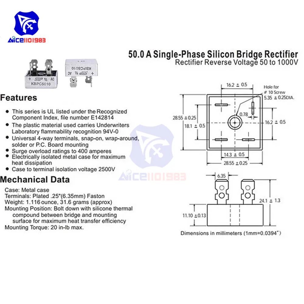 5PCS/Lot KBPC5010 Bridge Rectifier 50A 1000V AC Metal Case Single Phases Diode Bridge Rectifier