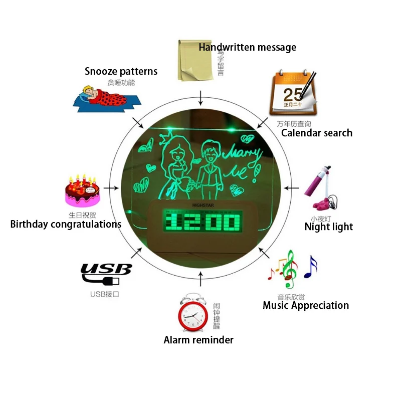 Цифровой будильник, светодиодный, флуоресцентный, с доской для сообщений, многофункциональные, светящиеся, настольные часы, подарок, можно написать и нарисовать
