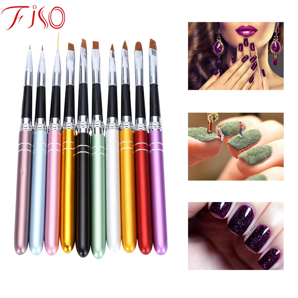 

Original 10Pcs/lot Nail Art Brush Set 10 Colors Different Sizes Copper Handle Design Polish Nylon UV Gel Painting Nail Brushes