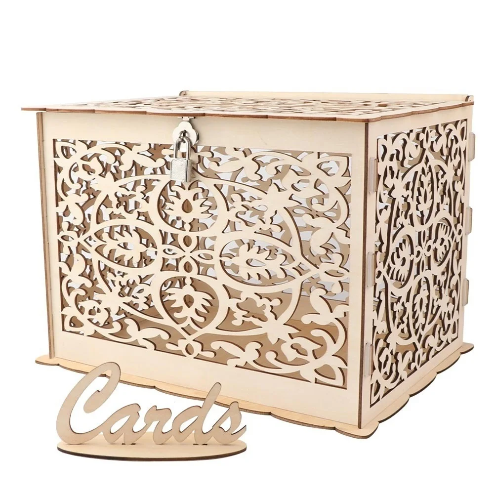

Retro Hollowed Out Wooden Wedding Sign In Box Lock DIY Wedding Decoration Greeting Card Cosmetic Jewelry Storage Box