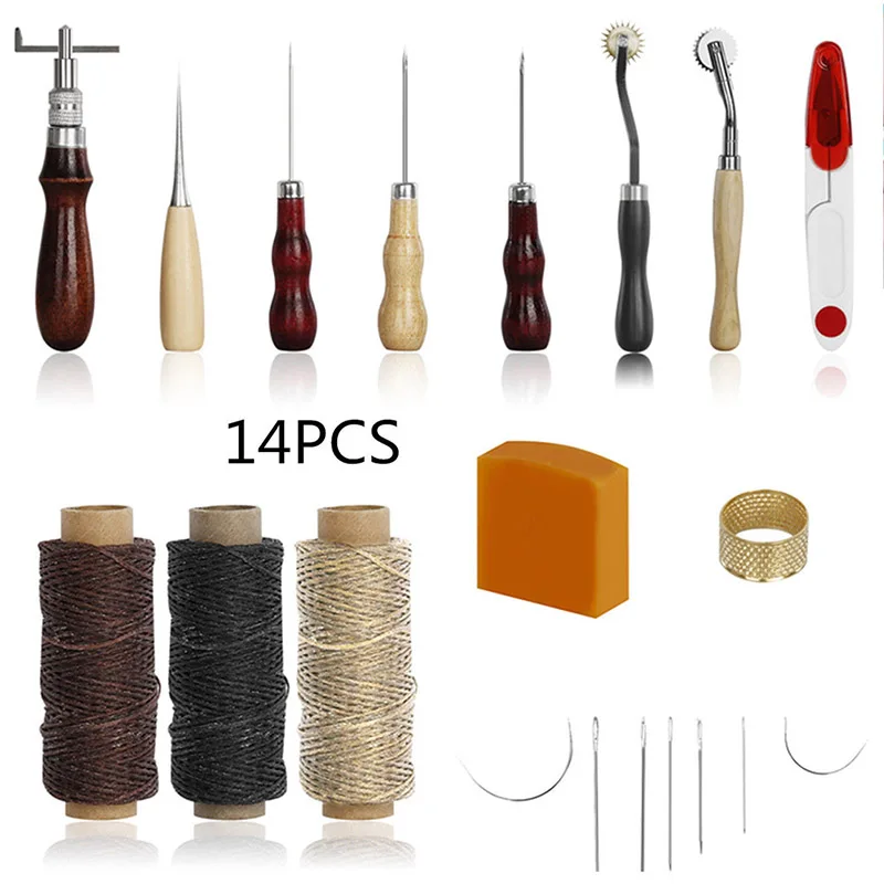 

14Pcs Leather Craft Tools Hand Stitching Sewing Tools Kit for Thread Awl Waxed Thimble TB Sale