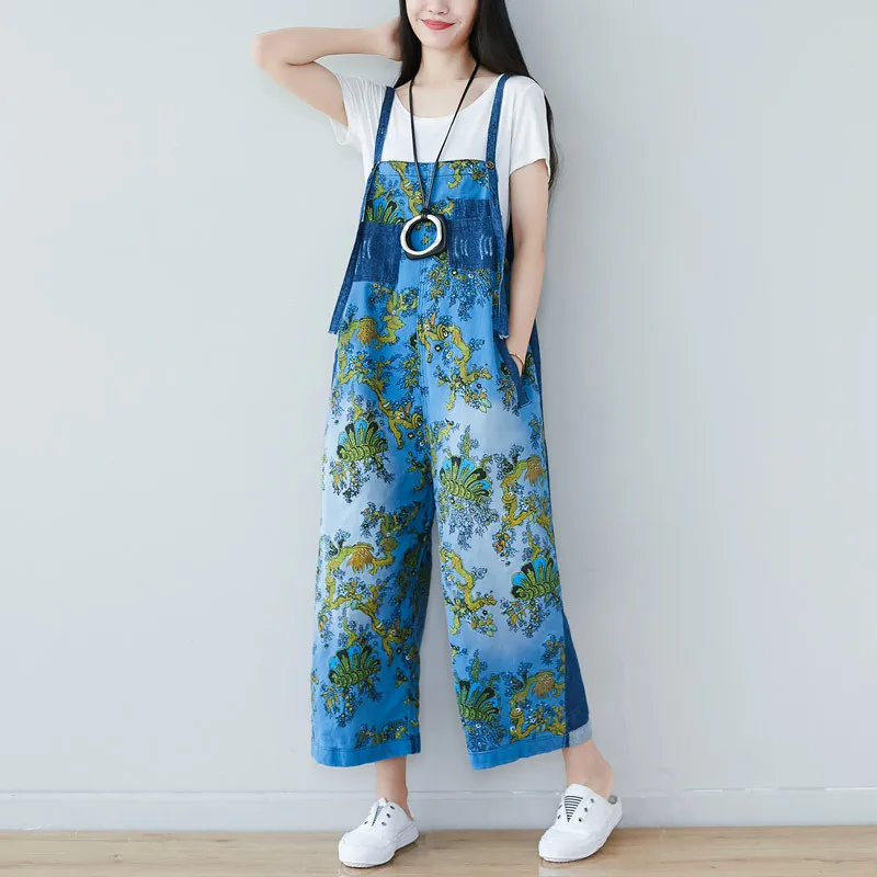 

Women Vintage Printed Patchwork Denim Jumpsuits Ladies Scratched Bleached Denim Overalls Pants Female Rompers 2019