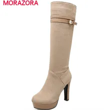 Morazora/обувь на платформе вечерние сапоги на высоком каблуке для работы осенние высокие сапоги до колена с пряжкой модные элегантные женские сапоги