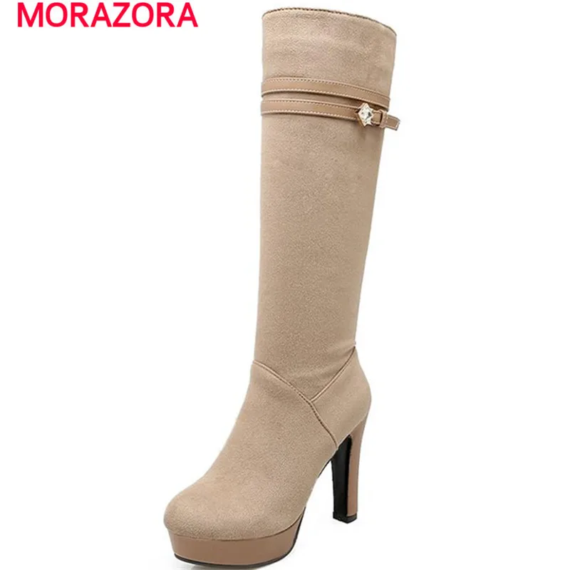 

MORAZORA Platform shoes work party high heels boots autumn zipoer buckle knee high long boots fashion elegant women boots