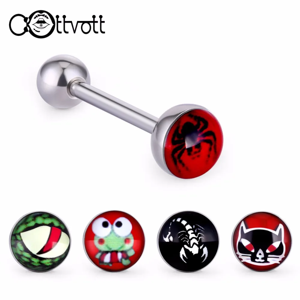 

5pcs/lot Punk Steel Piercing Tongue Rings Screw Bar Barbell Snake Cat Spider Scorpions Frog Logo Kit Piercings for Women TP586