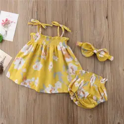 Комплект одежды для новорожденных девочек; летние желтые топы без рукавов с цветочным принтом; повязка на голову; хлопковая одежда для