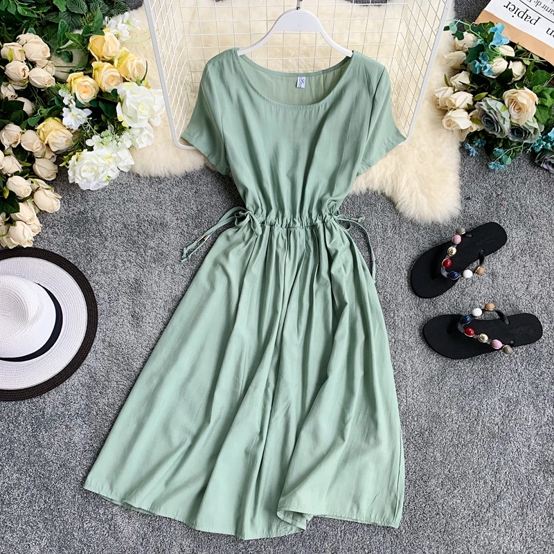

2019 new fashion women's dresses France Solid color temperament round neck short-sleeved waist lace dress