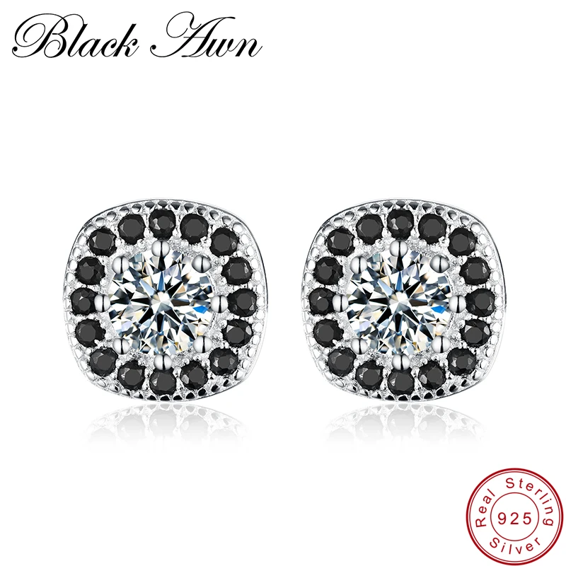 [BLACK AWN] Genuine 925 Sterling Silver Classic Stud Earrings for Women