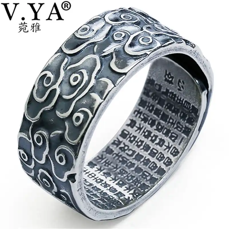 V 雅リアル 990 スターリングシルバーリング女性男性レトロクラウド仏教 Prajnaparamita 般若心経リングシルバージュエリー Rings Aliexpress