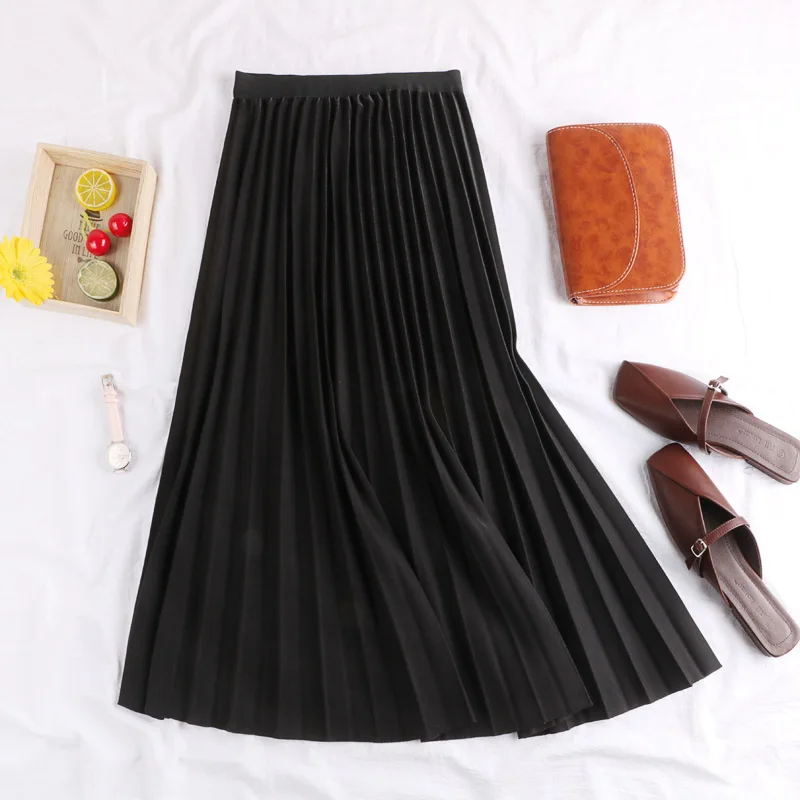 Новая Осенняя зимняя однотонная большая маятниковая длинная Плиссированная юбка, Корейская трапециевидная юбка-пачка с эластичной талией, женские макси юбки