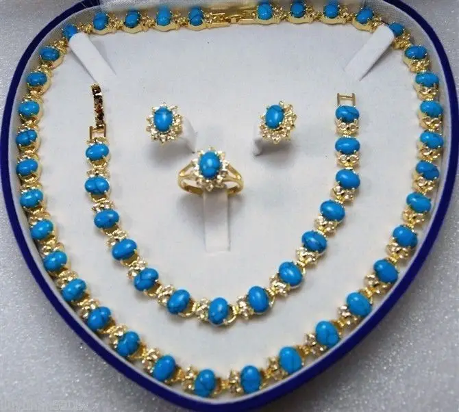 

GFR65 FSDW353 Hot sale Free Shipping>>Blue Turquoise Link Bracelet/ Earrings /Ring / Necklace Set