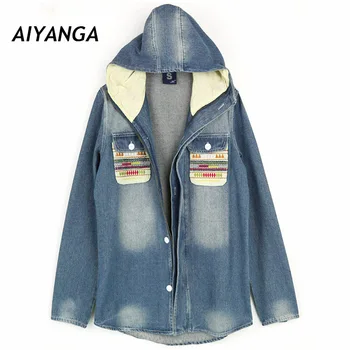 

New Spring Autumn Female Casual Fashion Denim Hooded Outerwear For Women Embroidery Pocket Loose Medium Long Jeans Trench