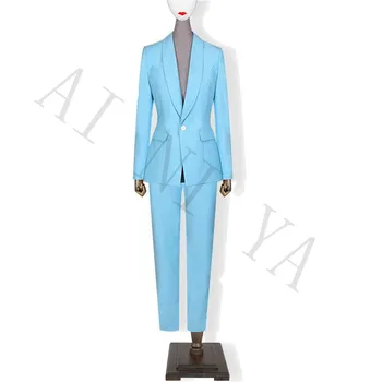 

Jacket+Pants Women Business Suits Lake Blue Single Breasted Female Office Uniform Formal Evening Prom Ladies Trouser Suit