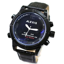 Светодио дный Dual Time Сигнализация BackLight воды Сопротивление унисекс Dual Time Alexis аналоговый лучший кожа цифровые часы