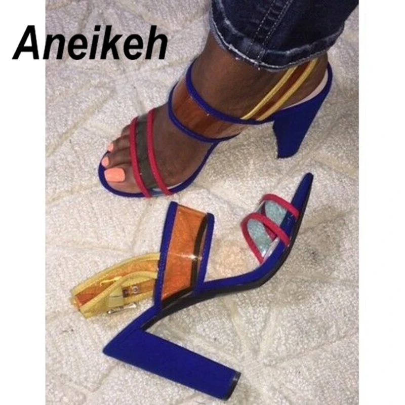 

Aneikeh 2019 Novelty PU Gladiator Sandals Women Sandals Transparent Square High Heels Ankle Strap Shoes Wedding 35-40 Pumps Blue