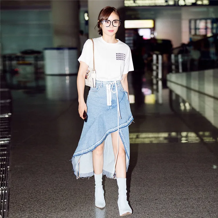 Yuan The Same Lotus Leaf Side of The Long Fishtail Skirt Cowboy Skirt 2019 Knee-Length Pockets Asymmetrical Skirts Women Yuan The Same Lotus Leaf Side of The Long Fishtail Skirt Cowboy Skirt 2019 Knee-Length Pockets Asymmetrical Skirts Women