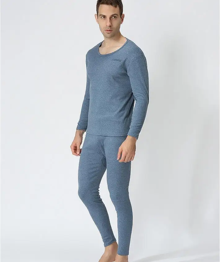 Новое поступление, комбинированная цена, супер большой хлопковый осенне-зимний однотонный комплект нижнего белья с круглым вырезом для мужчин, удобный плюс размер XL-7XL - Цвет: o neck light blue